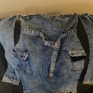 Fashion nova denim halter dress with sleeves.